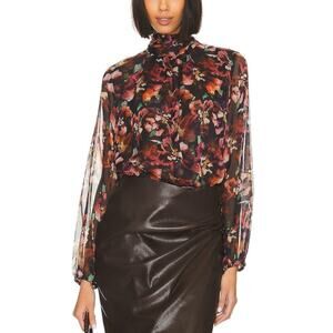 Misa Lulu Top Floral Tie Neck Long Sleeve Blouse Libra Fleur Chiffon NWT Small